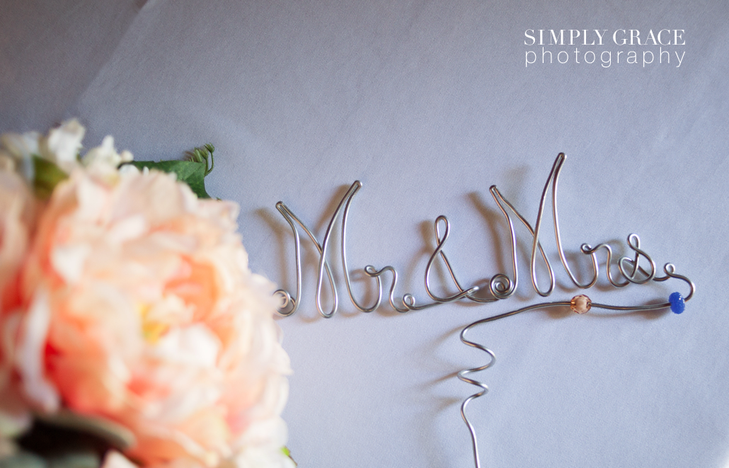 James P Davis Hall wedding wire cake topper details photo by Simply Grace Photography