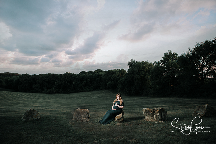 wyandotte county lake maternity session sunset green dress at dog park