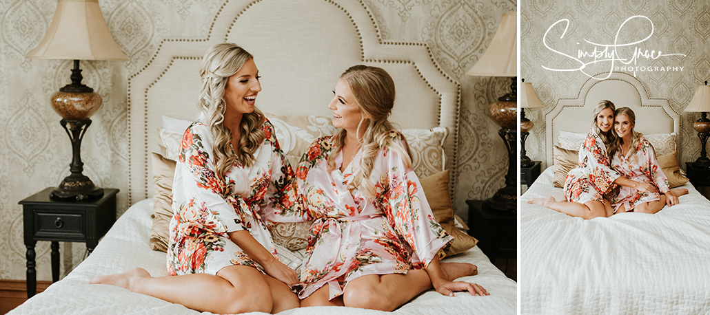 eighteen ninety wedding on bed with maid of honor simply grace photography