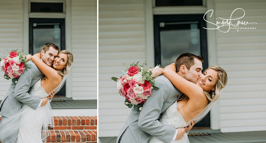 eighteen ninety wedding bride and groom kissing outside house simply grace photography