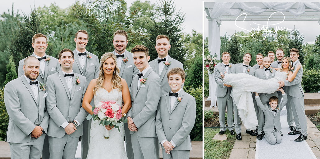 eighteen ninety wedding bride with groomsmen picking her up simply grace photography