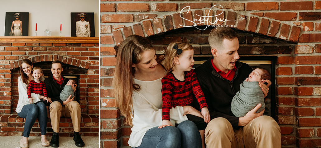 leavenworth newborn photographer in home session family shot in front of fire place