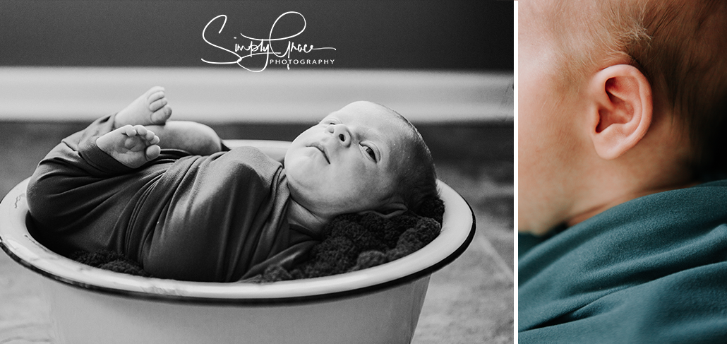 black and white newborn boy in white bowl simply grace photography