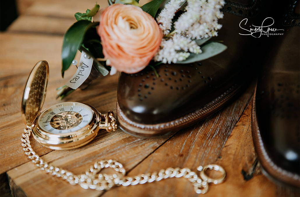 GA State railroad museum groom details with pocket watch and shoes