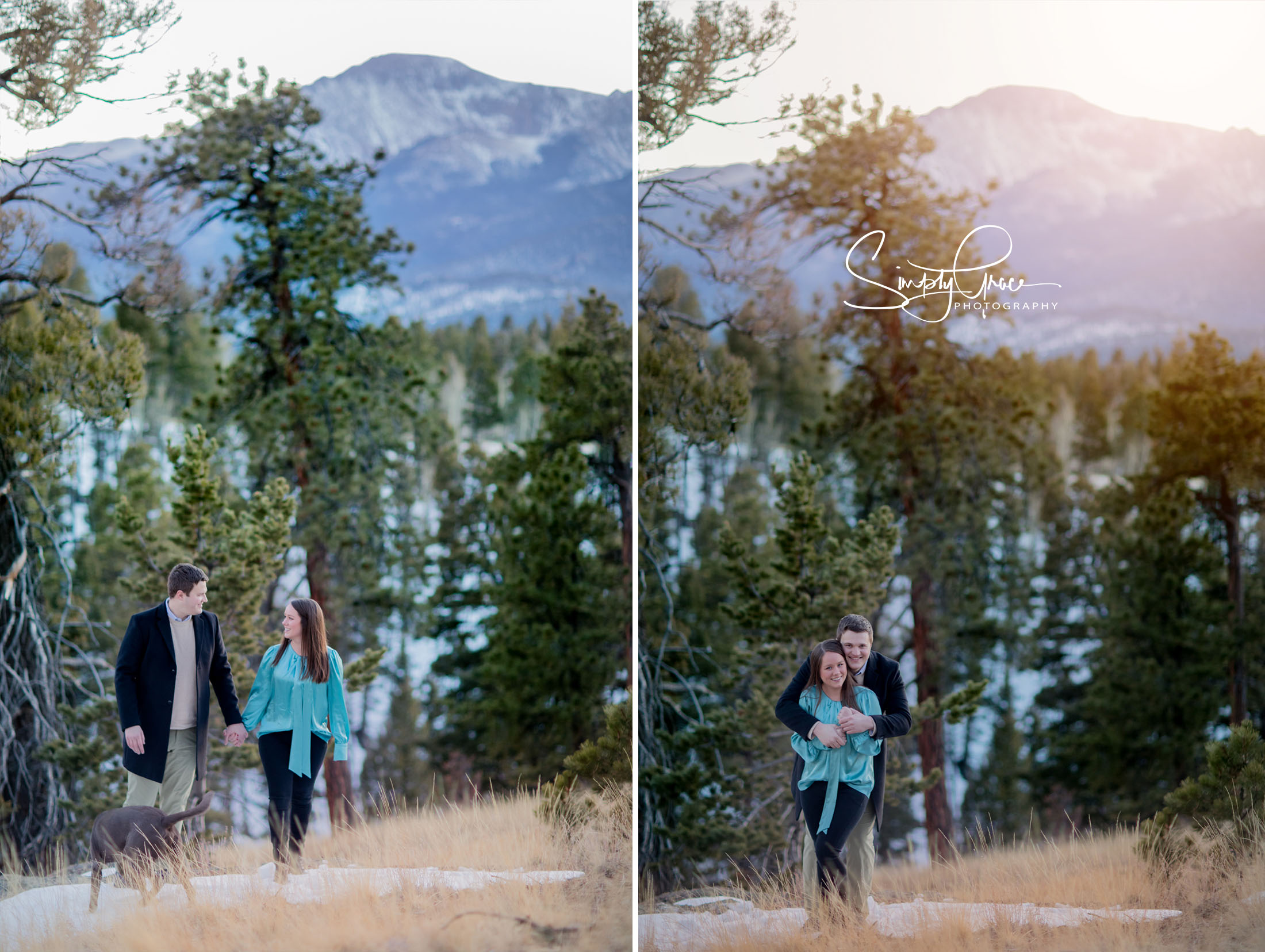 couple walking on mountain for engagement photos in woodland park colorado