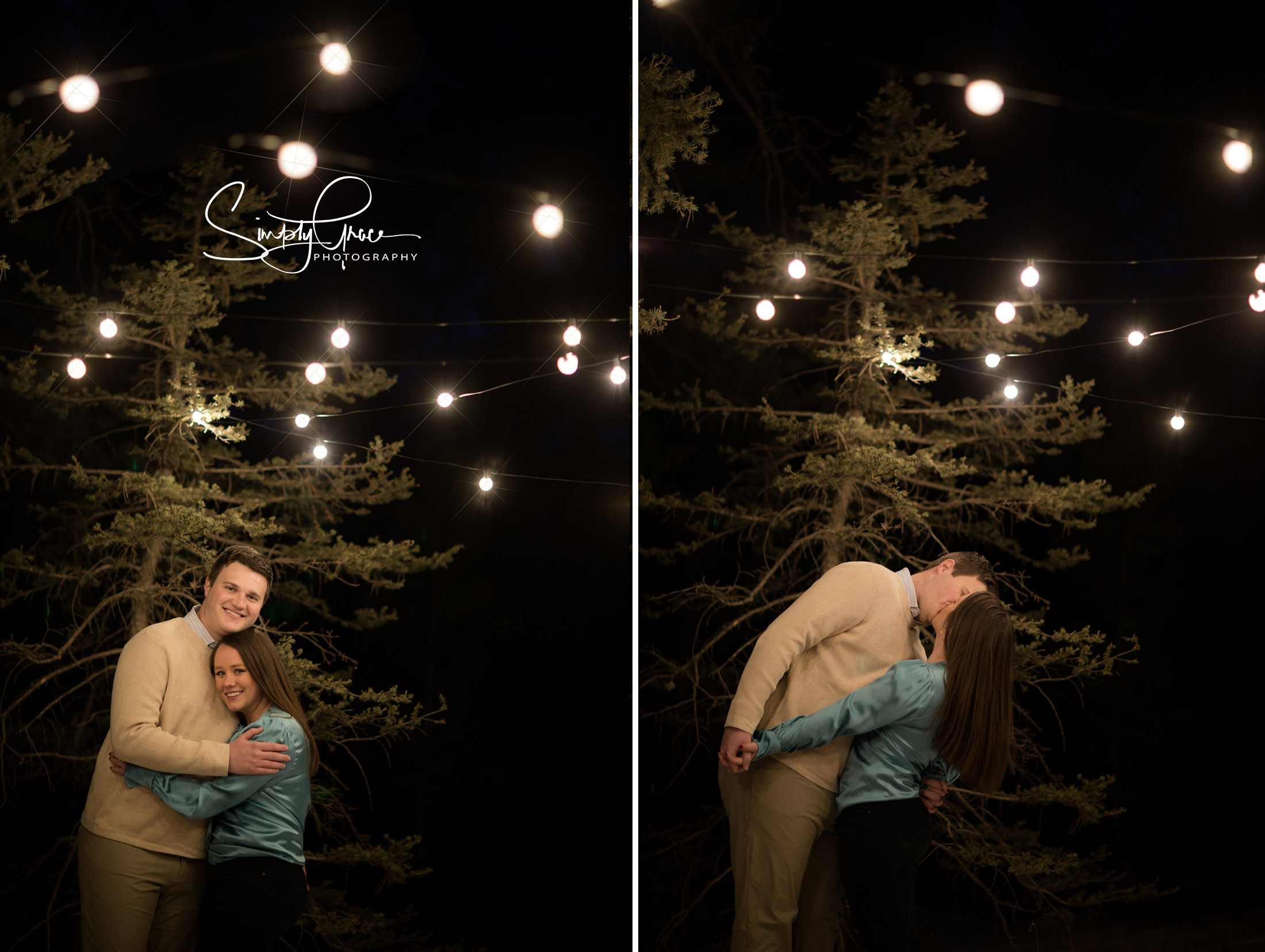 engagement photos with twinkle lights at night in woodland park colorado