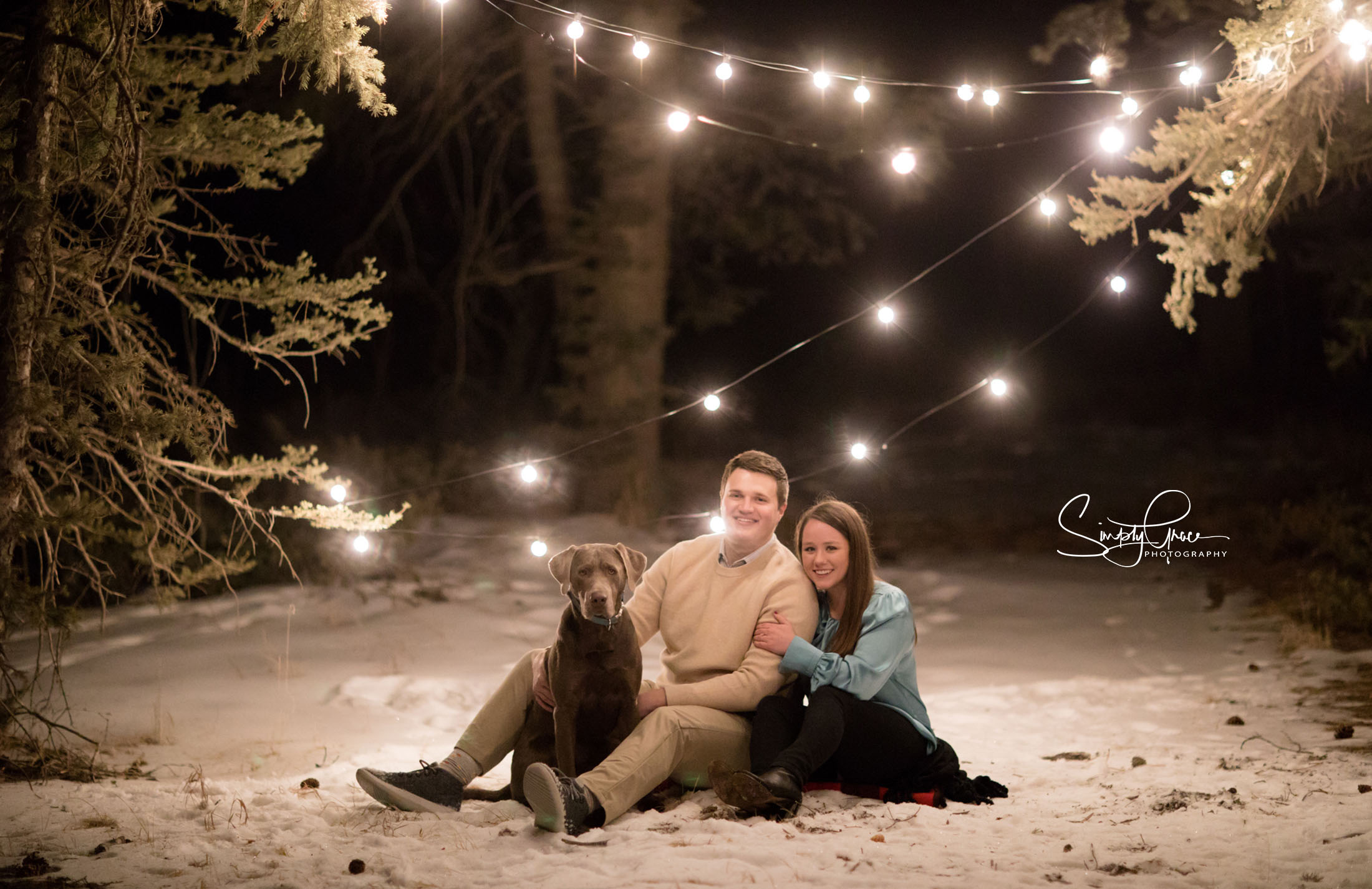 family photo with dog at night in woodland park colroado