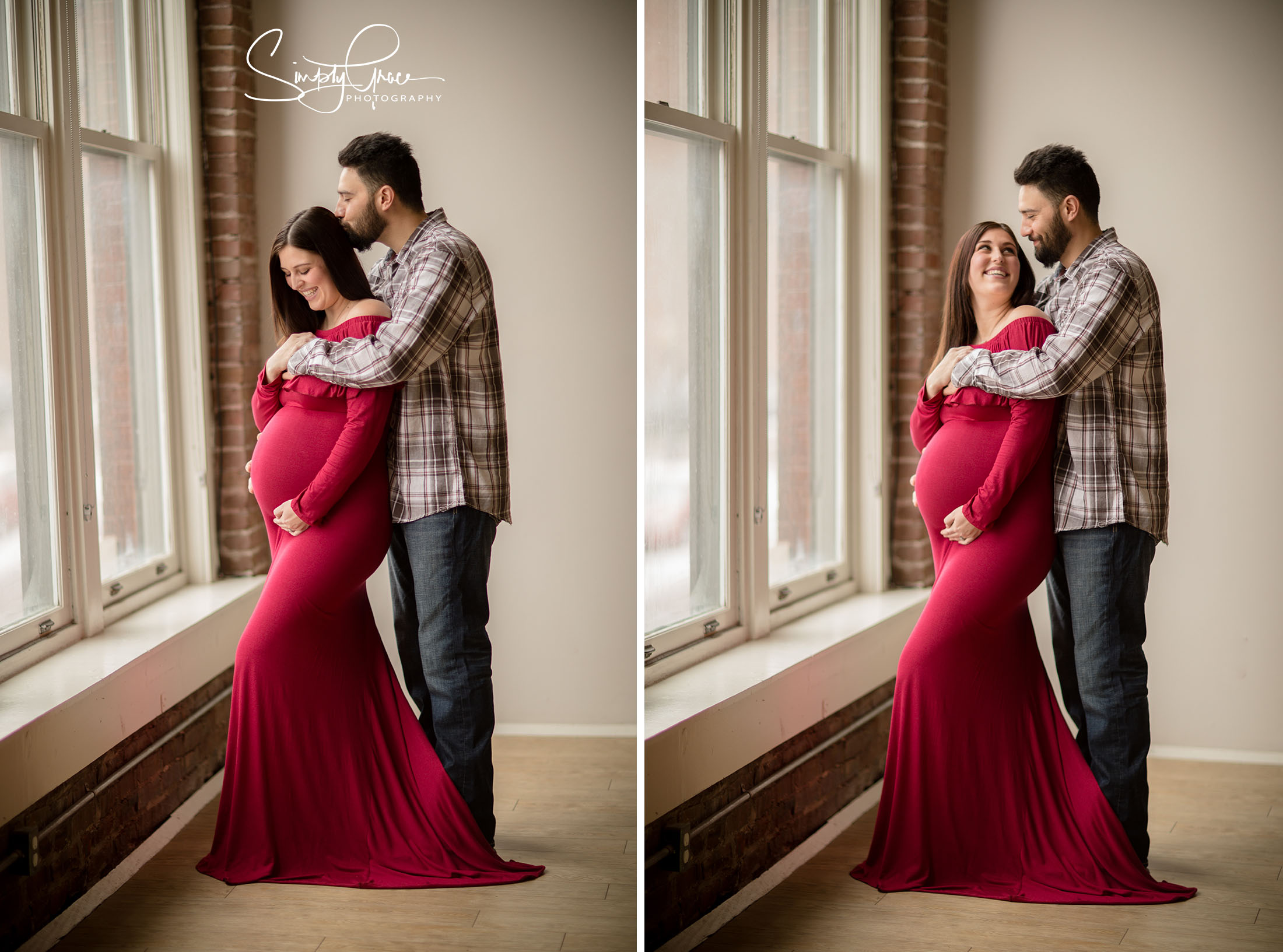 couple poses in red dress for maternity session in kansas city
