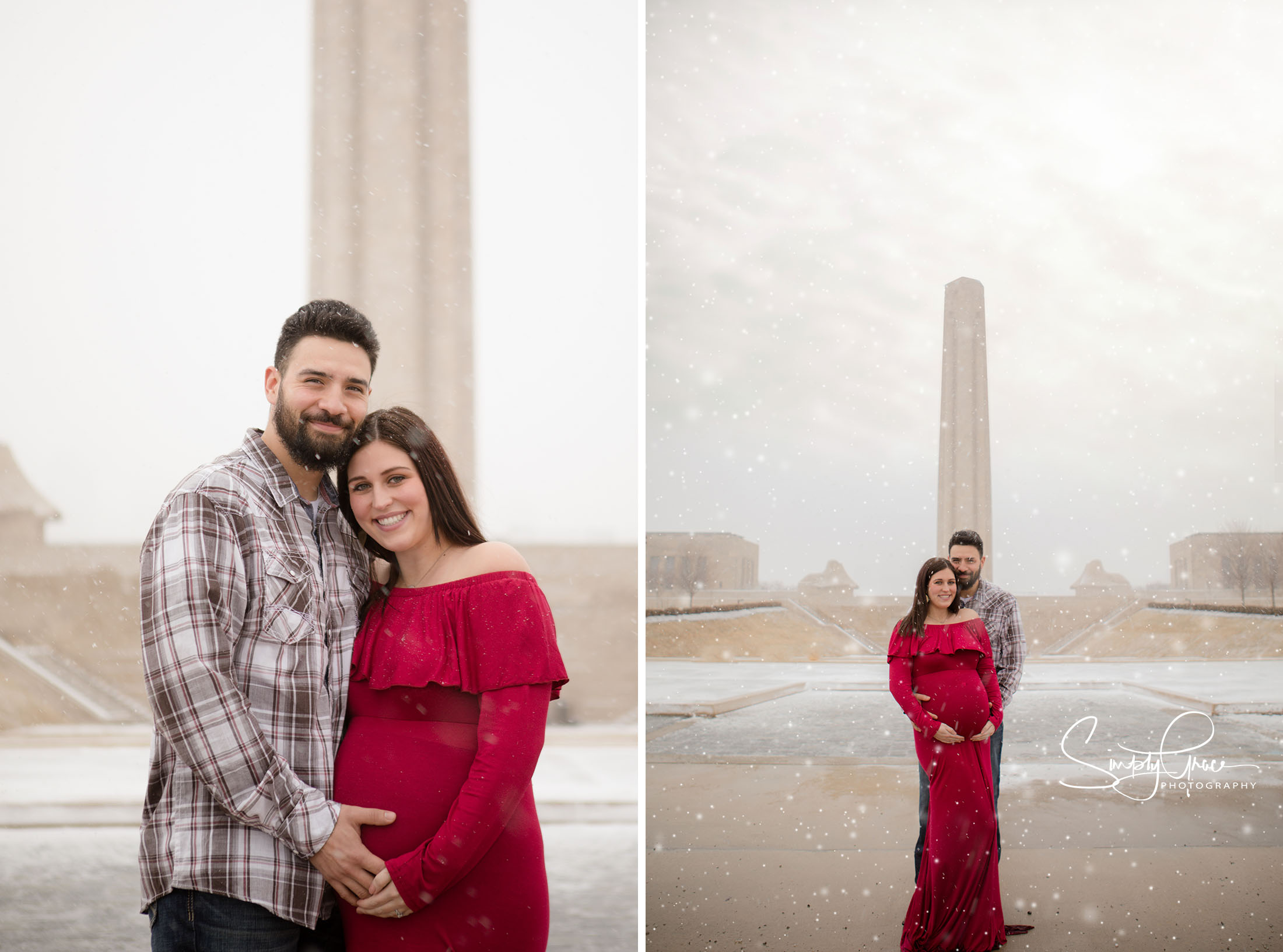 liberty memorial session with red dress and snow