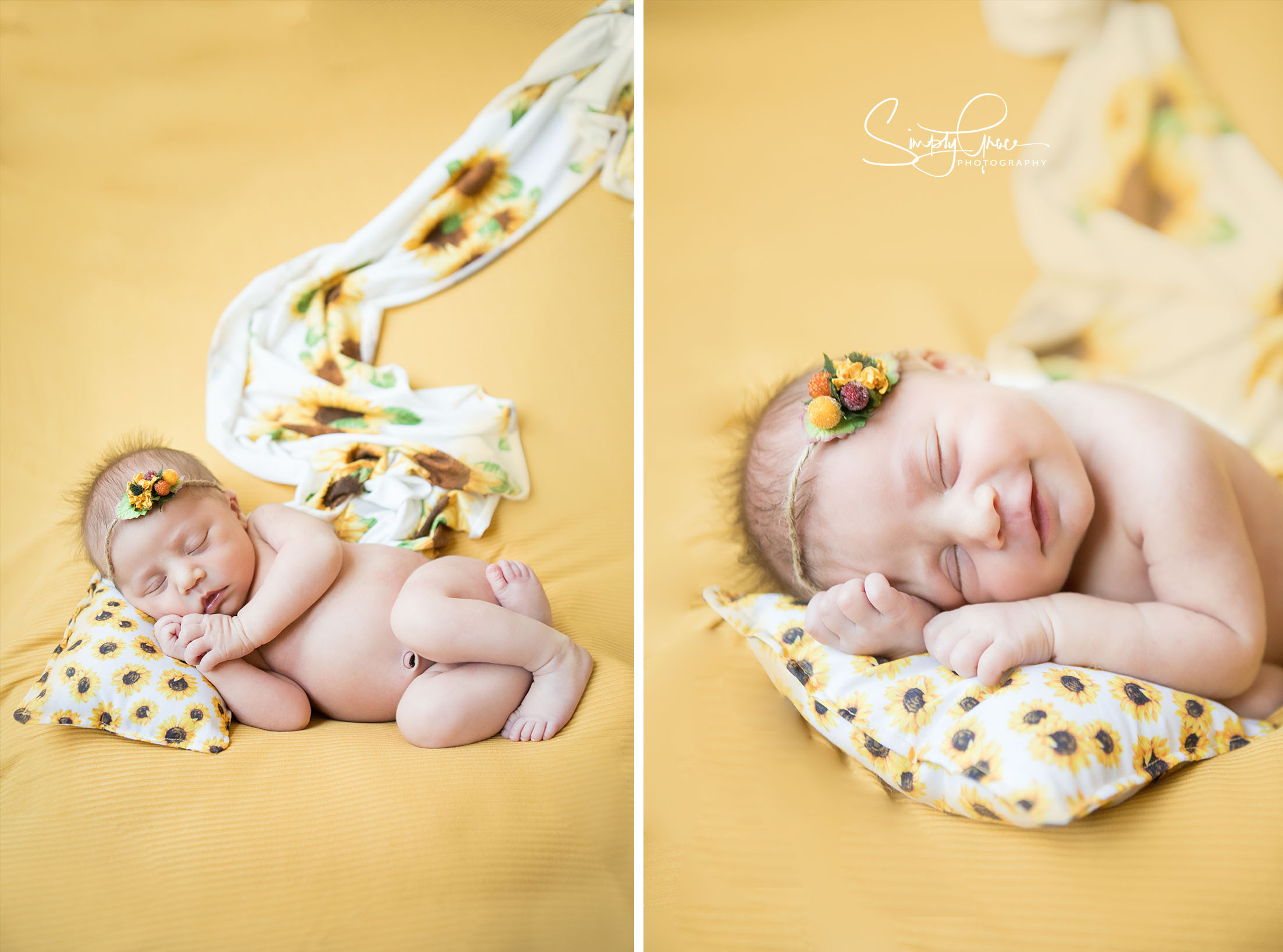 newborn girl smiling in yellow