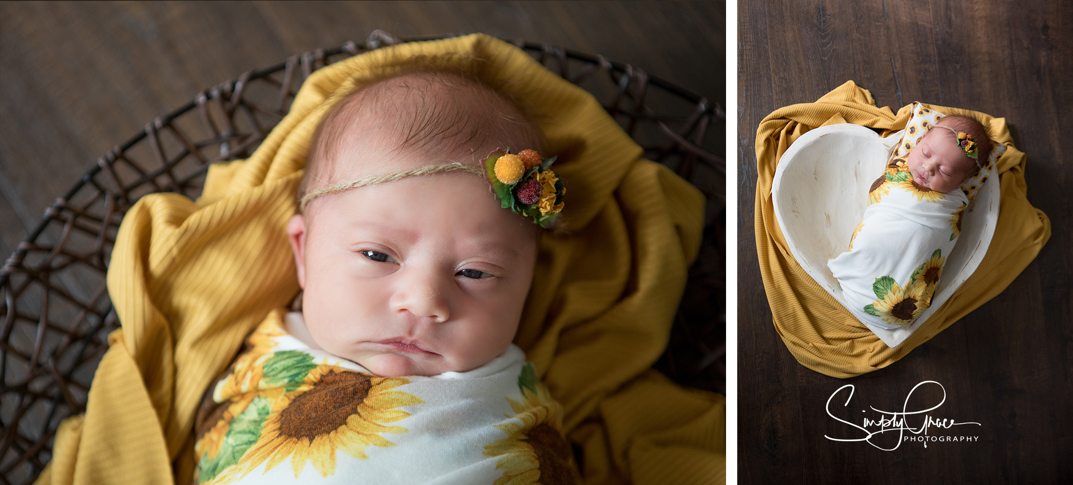 newborn girl in yellow with eyes open