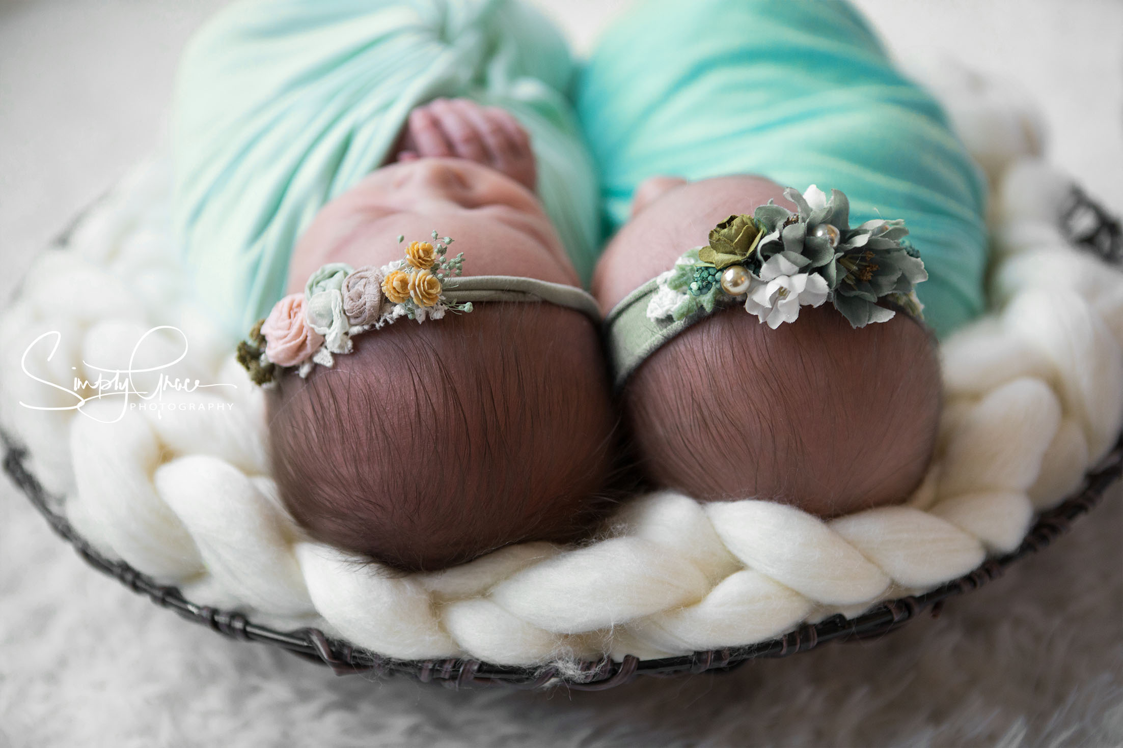 newborn twins in bowl
