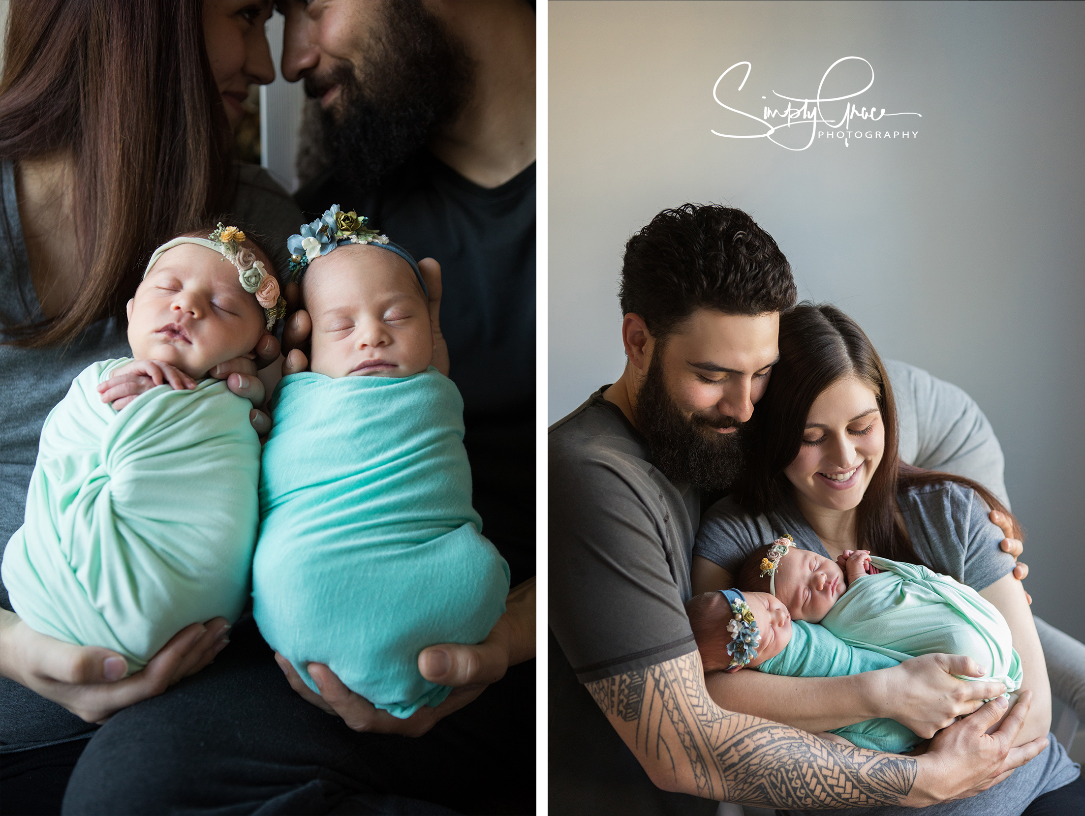 newborn girls together with parents smiling
