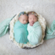 twins wrapped in teal in a basket