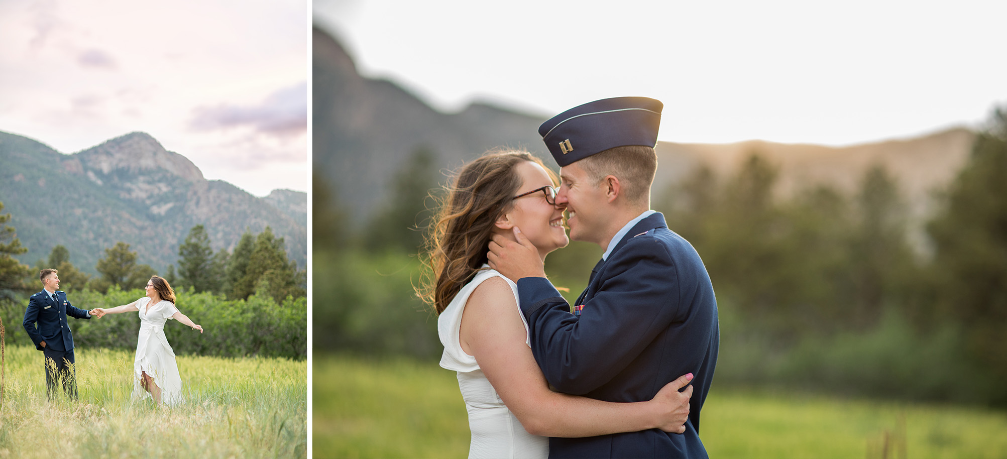 air force engagement session groom takes brides face in hands to kiss