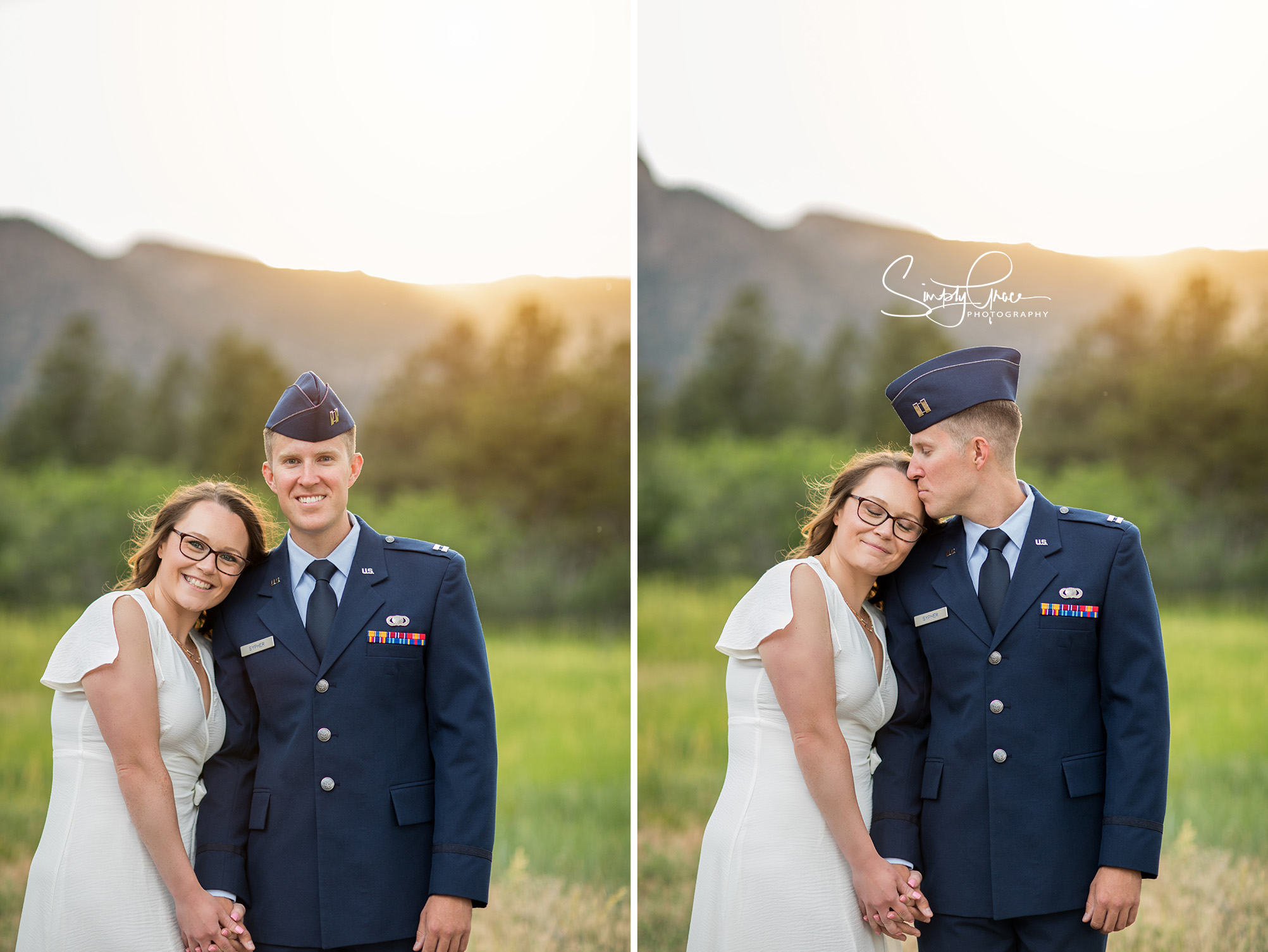 engagement session on air force academy solider kisses brides forehead