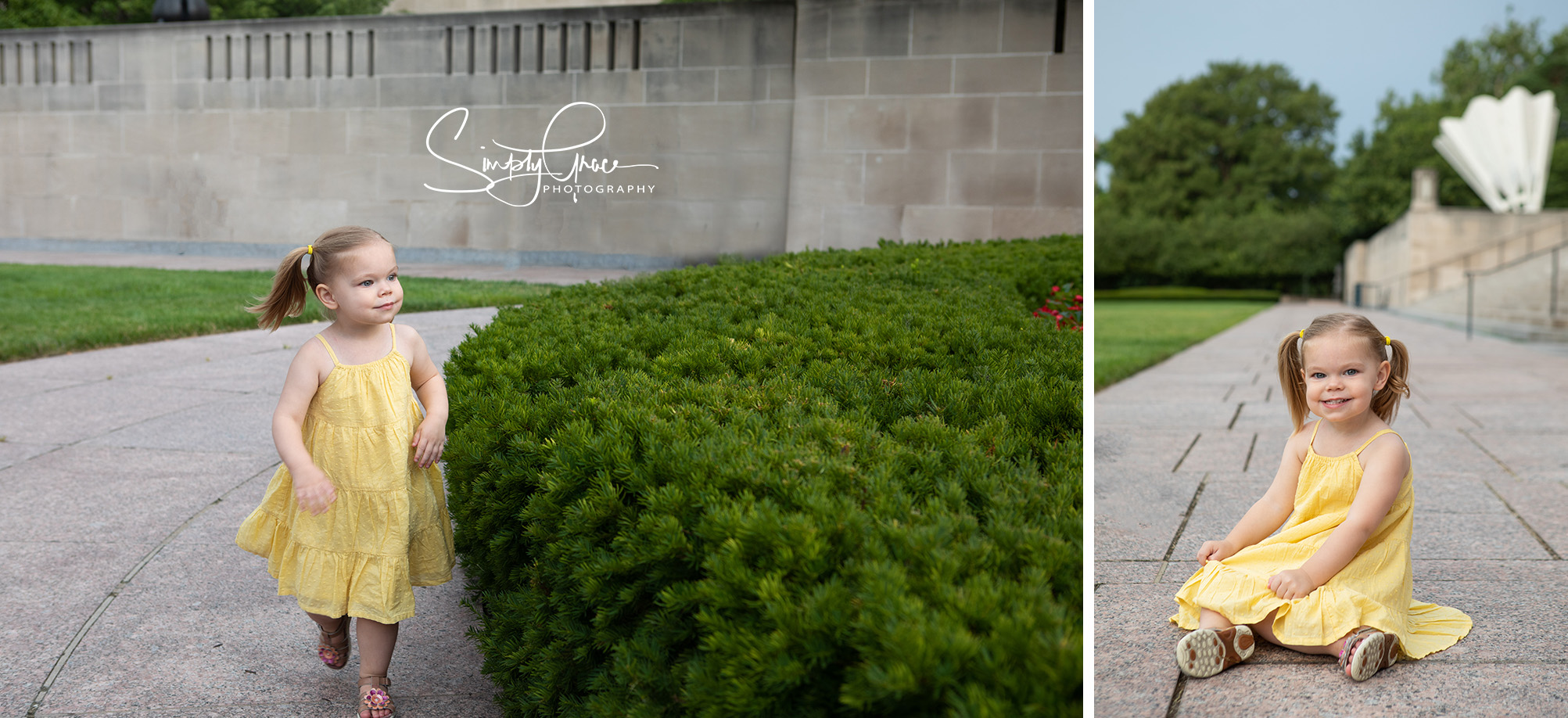 toddler girl in yellow dress around the nelson atkins museum