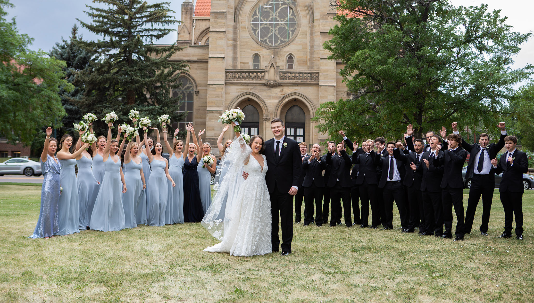 bridal party cheering outside st dominics chapel