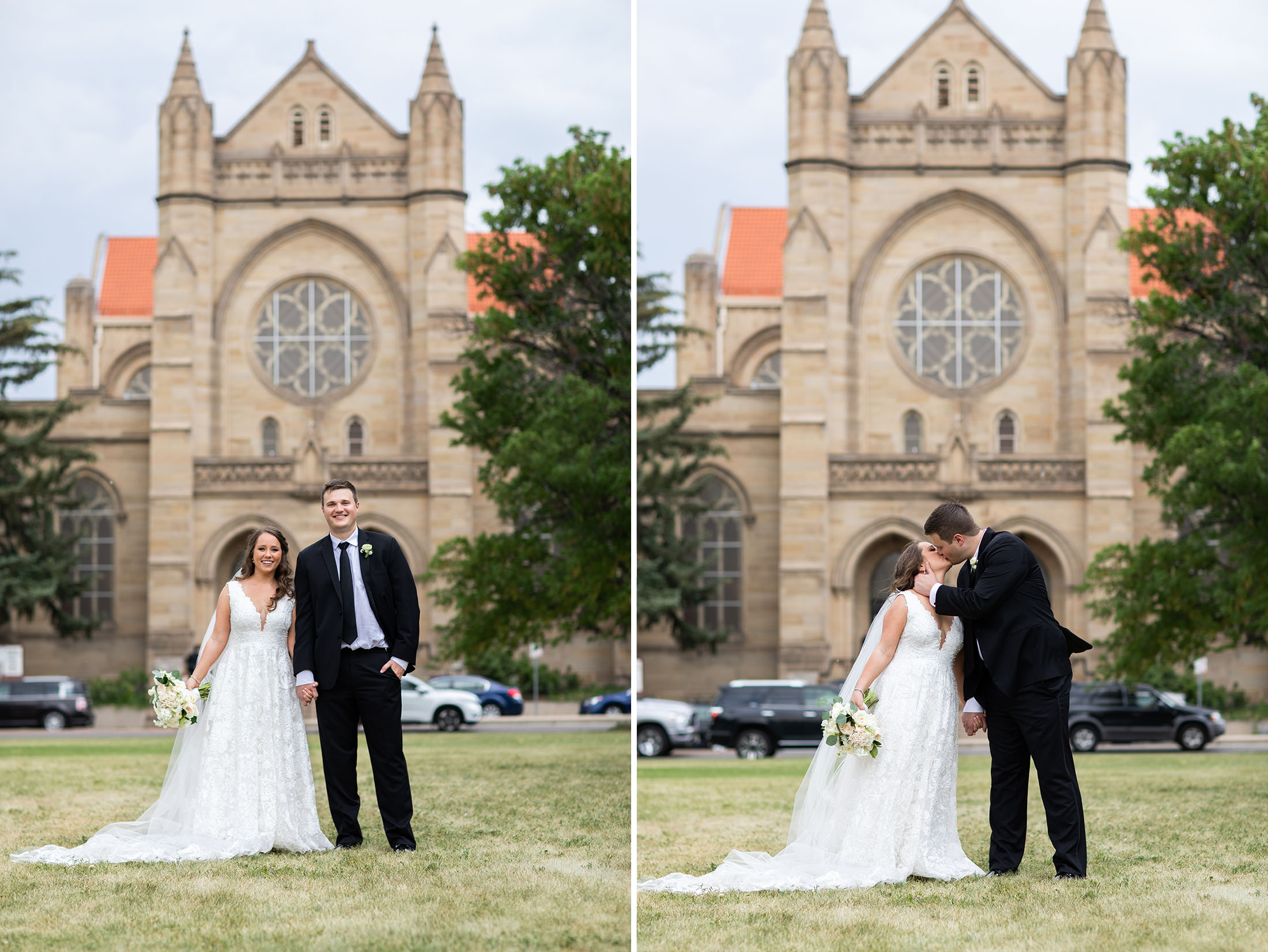 wedding couple kissing in denver colorado outside st dominics chapel