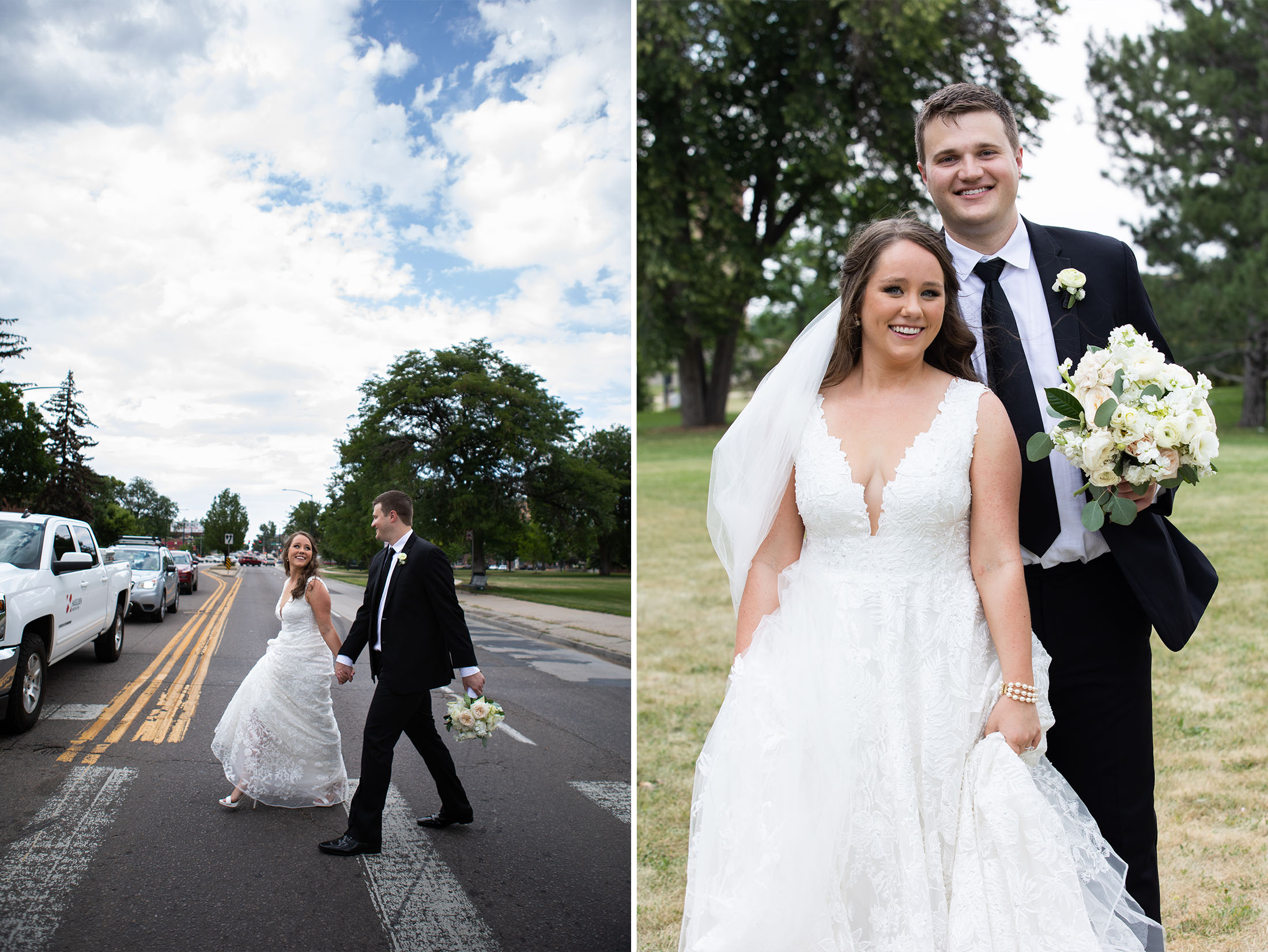 bride and groom walking across the street in downtown denver colorado