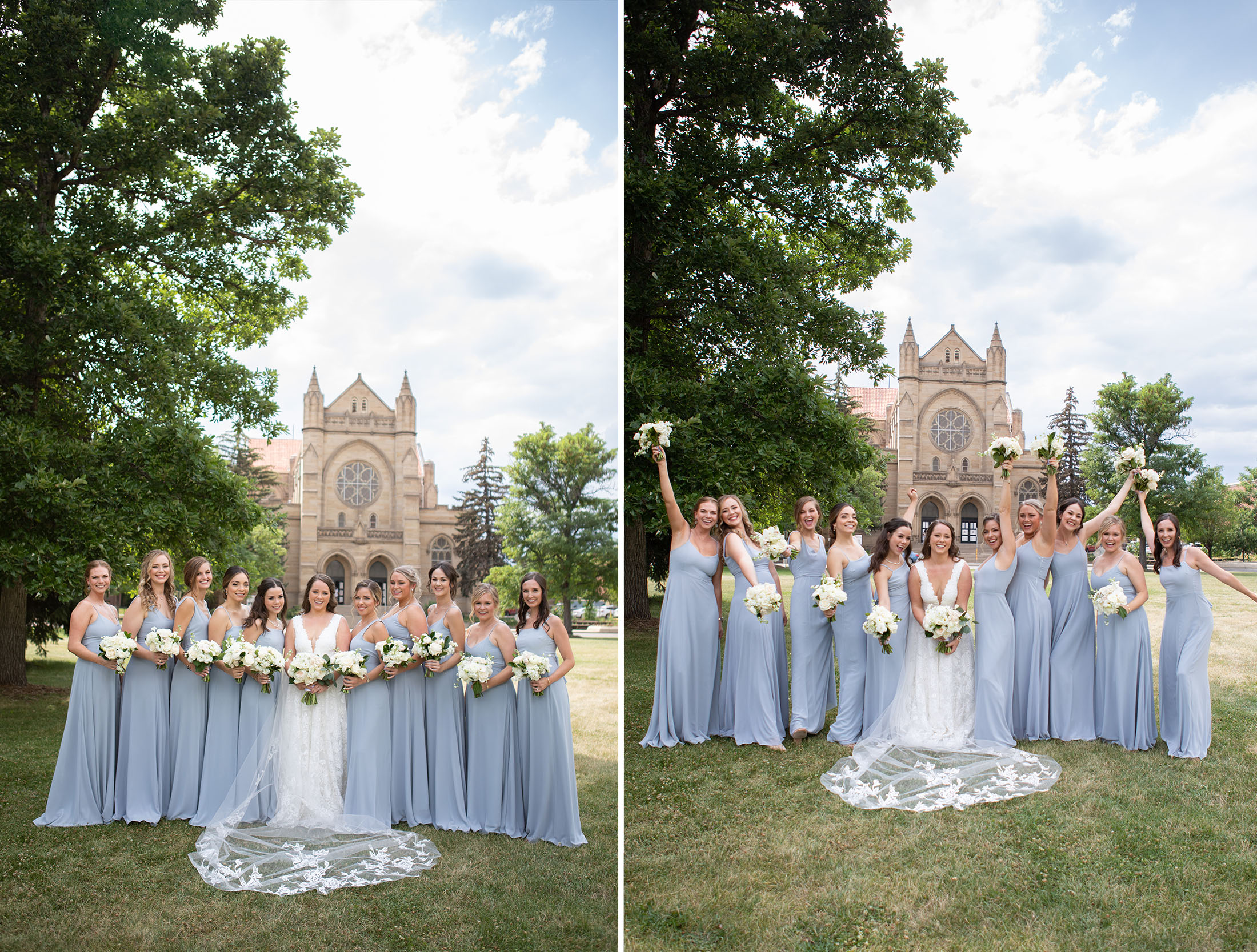 bridesmaids cheering outside st dominics chapel in denver colorado