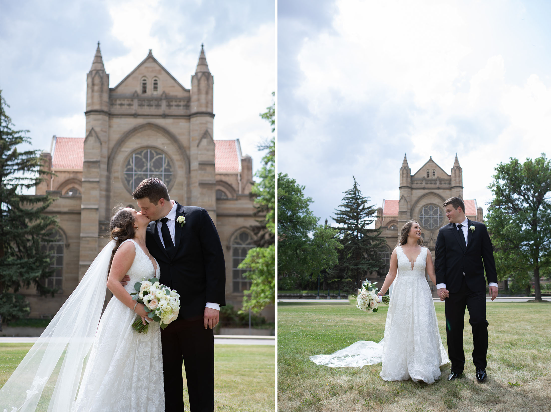 st dominic chapel in denver colorado with couple outside