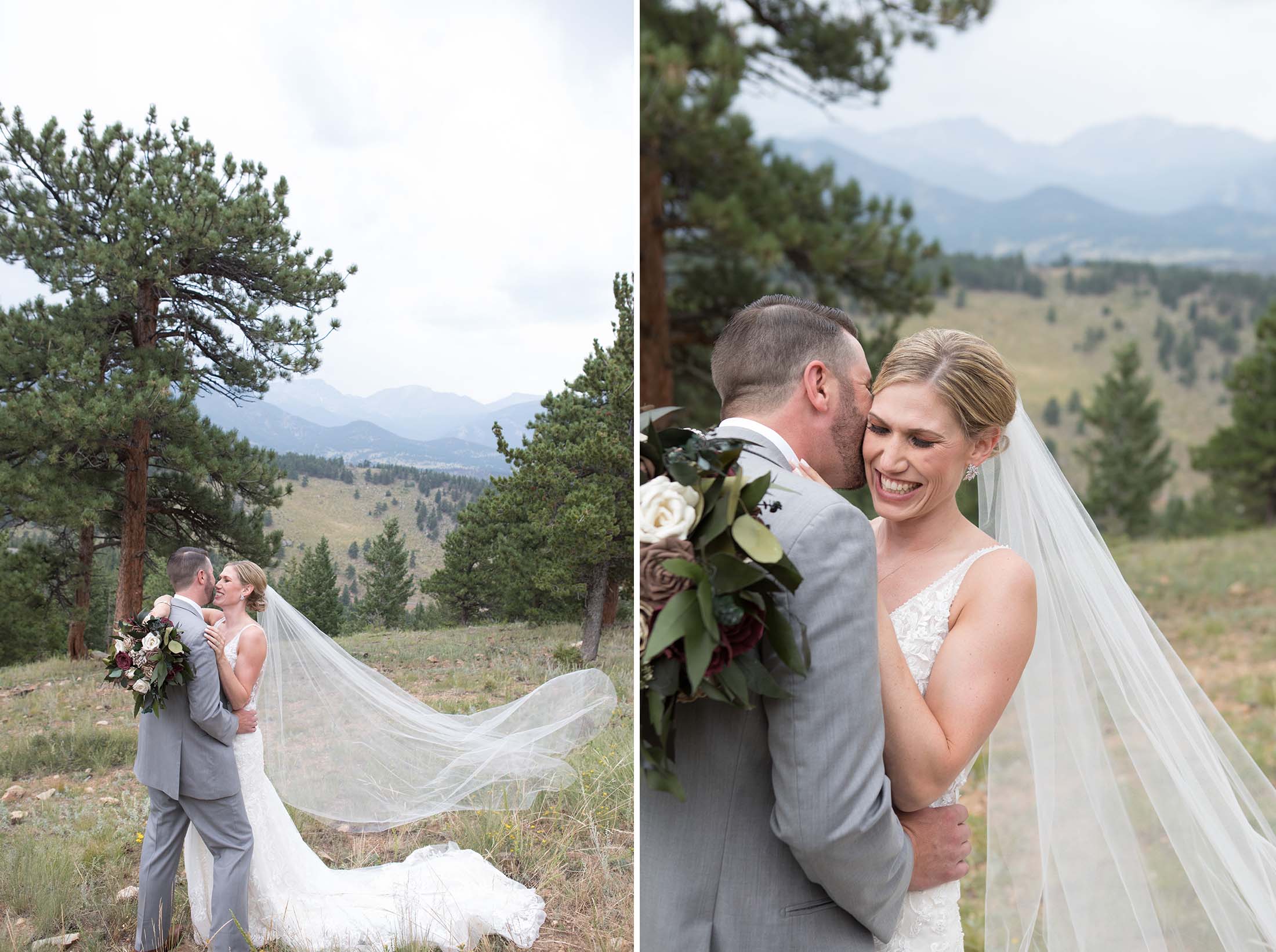 bride and groom shots at the overlook chapel in estes park