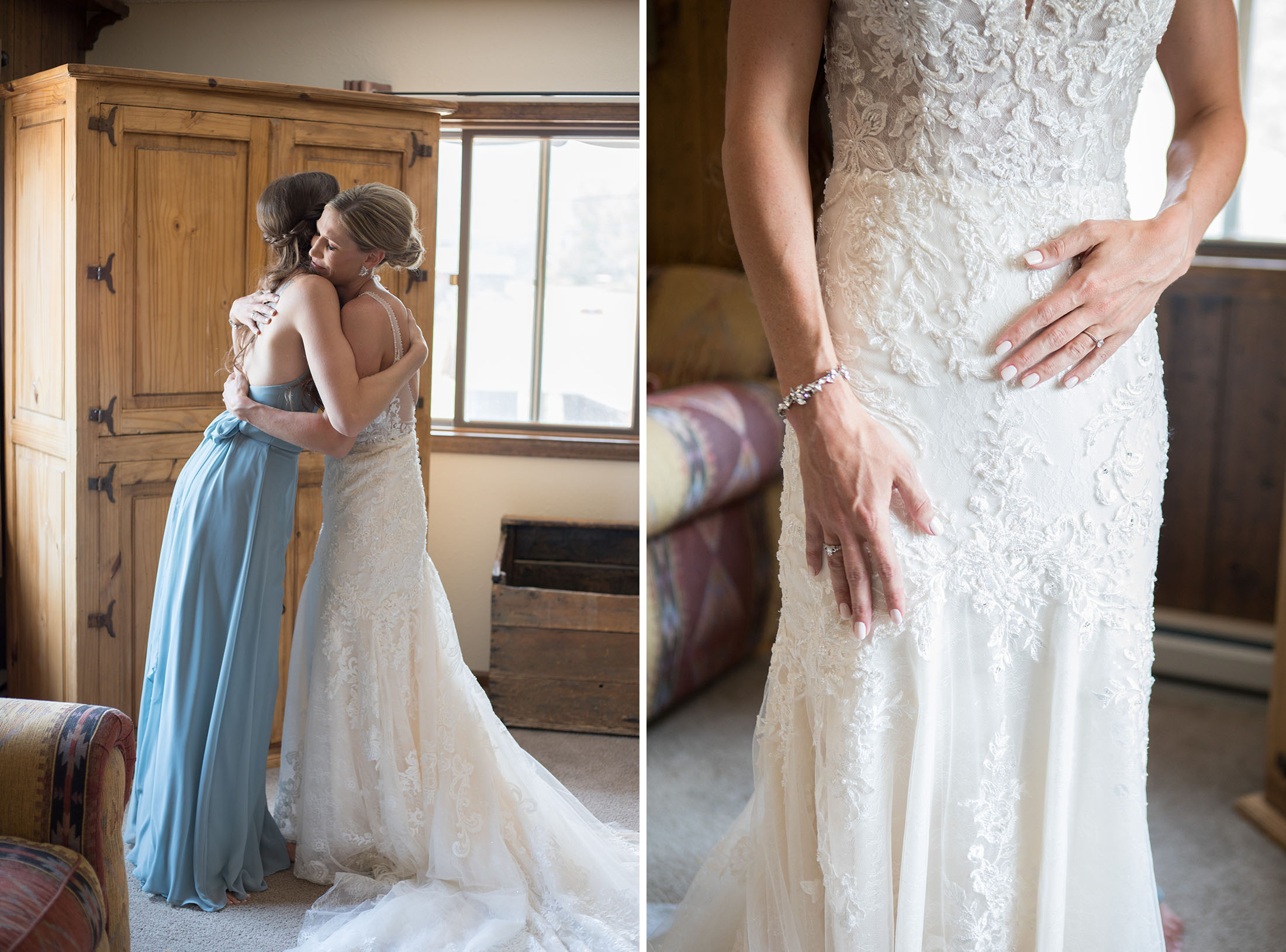 bride gets dressed at YMCA of the rockies for her estes park wedding