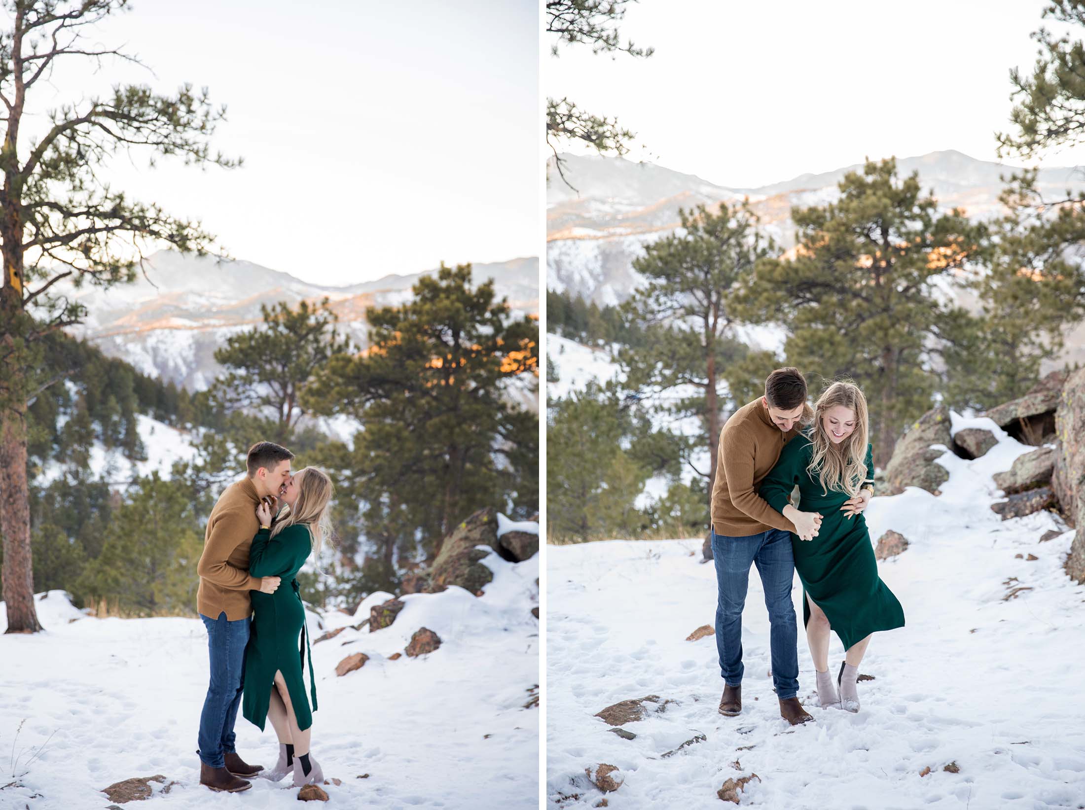 couple walking in green dress at lookout mountain in winter