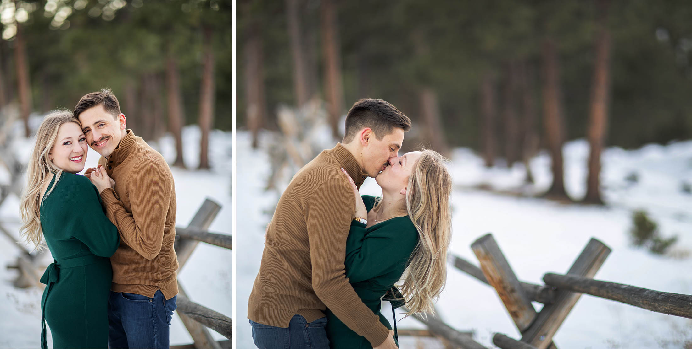 kissing in the snow and green dress at lookout mountain engagement session