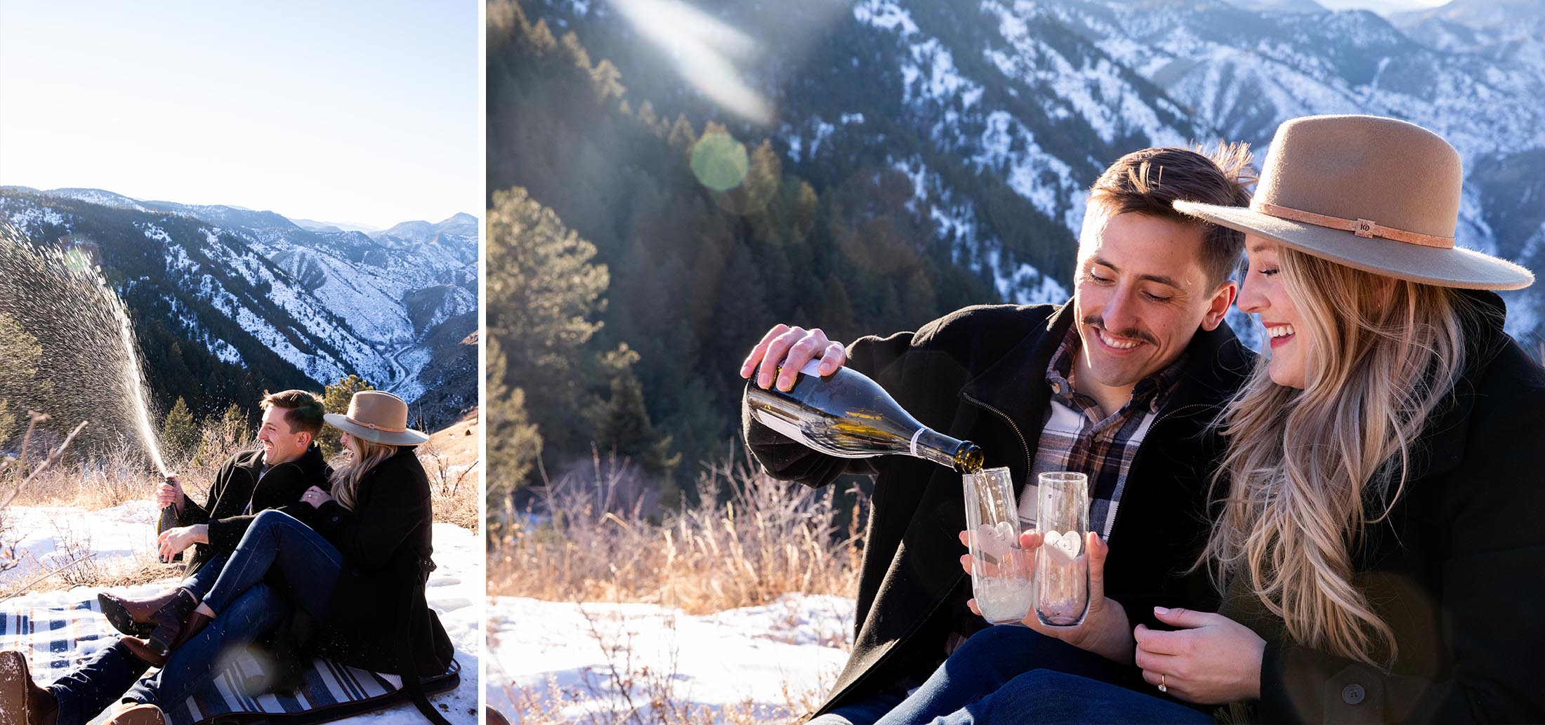champagne toast at lookout mountain during engagement session