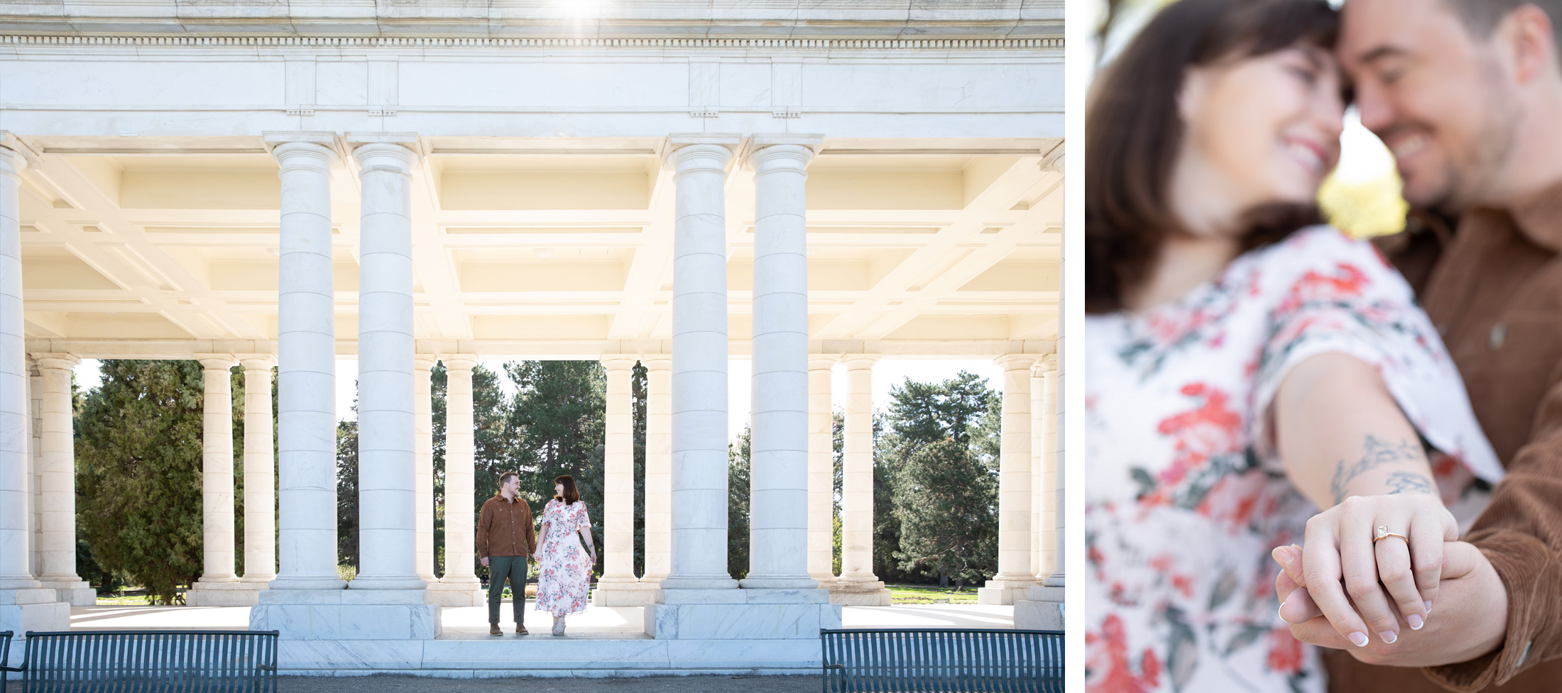 Cheeseman Park engagement session walking through the pavillion