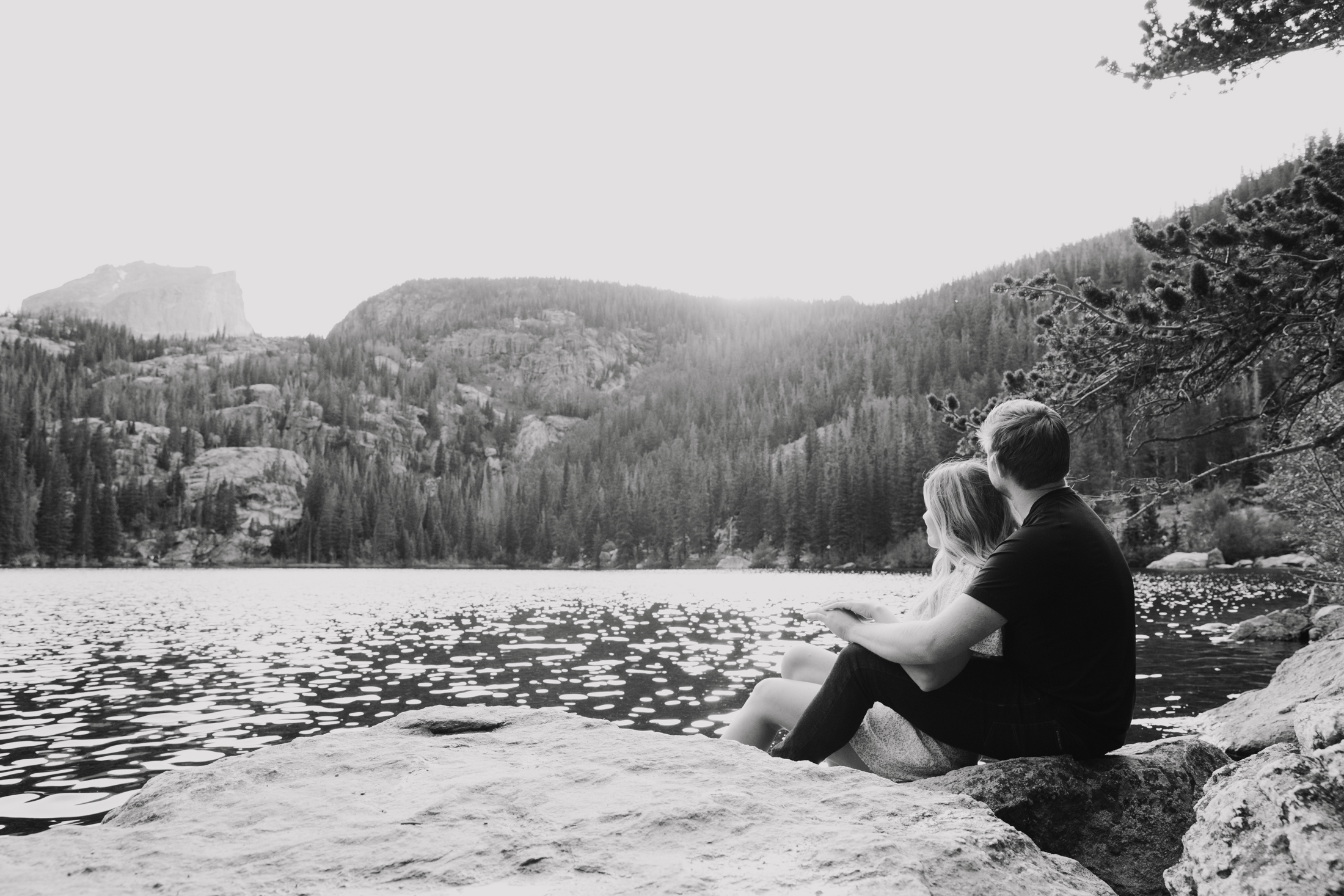 black and white image overlooking bear lake