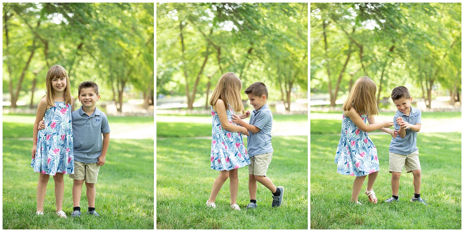 brother and sister playing at loose park during a photo session