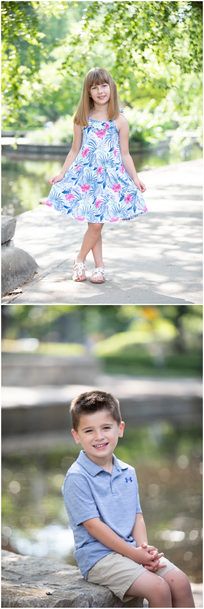 girl showing off dress and brother posing for photos at loose park