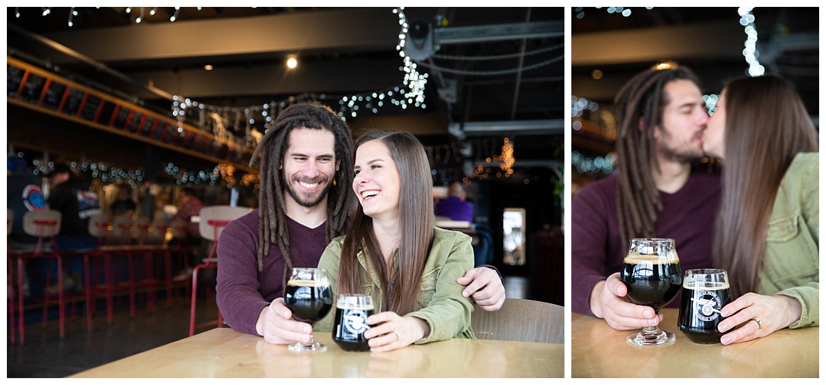 couple laughing while doing their photoshoot at red leg brewery