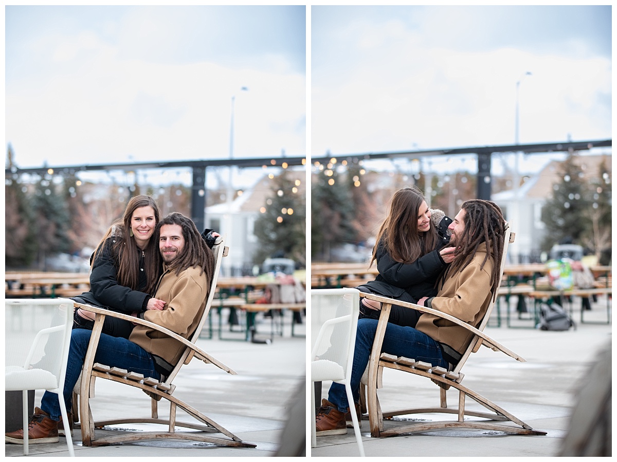 couple cuddling in a chair outside red leg brewery