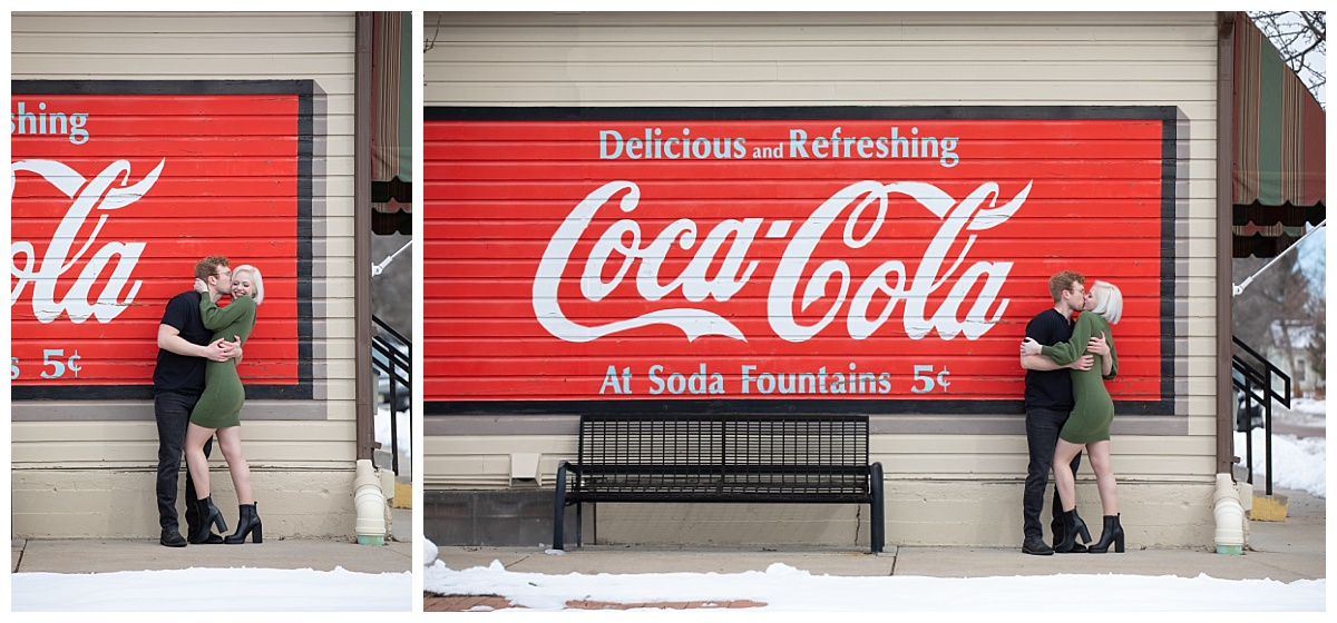 engagement session in downtown louisville colorado in front of coca cola