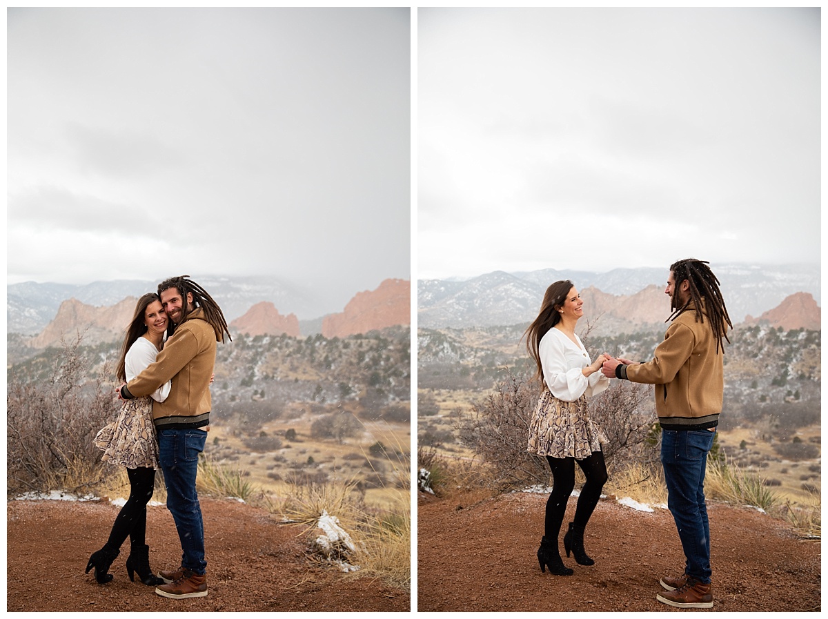 couple dancing during their engagement session at garden of the gods overlook