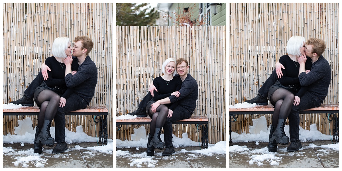 engagement session in downtown louisville colorado in front of bamboo