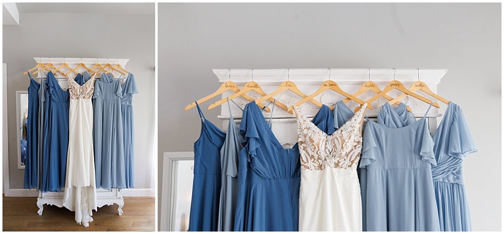 brides dresses hanging on white dresser in littleton colrado