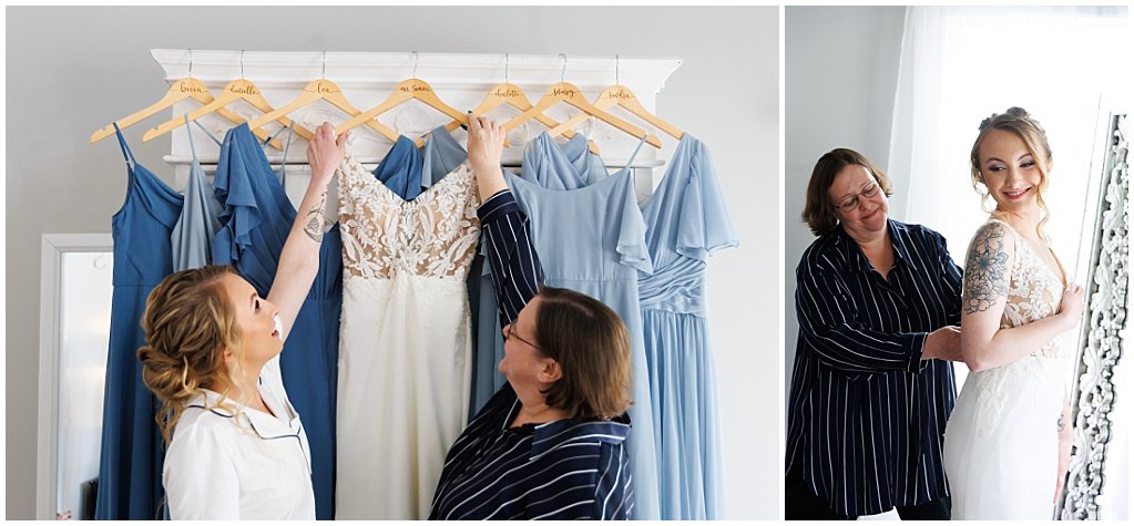 mother of the bride get bride dressed at the barn of raccoon creek