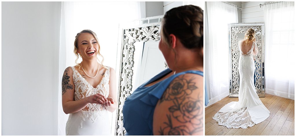 bridesmaids help bride get ready in the barn at raccoon creek