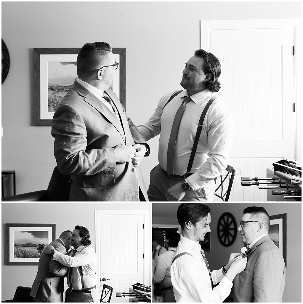 groom and groomsmen get ready at the barn at raccoon creek in littleton colorado